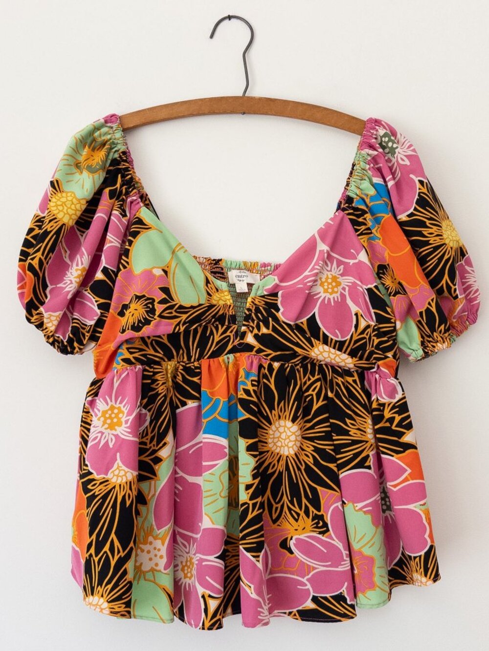 Entro Floral Babydoll Top Puff Sleeves Boho Peasant Cottagecore Boutique Size L